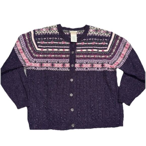 VTG Northern Reflections Women's Sweater Cardigan Floral Wool Blend Sz L Purple - Picture 1 of 7